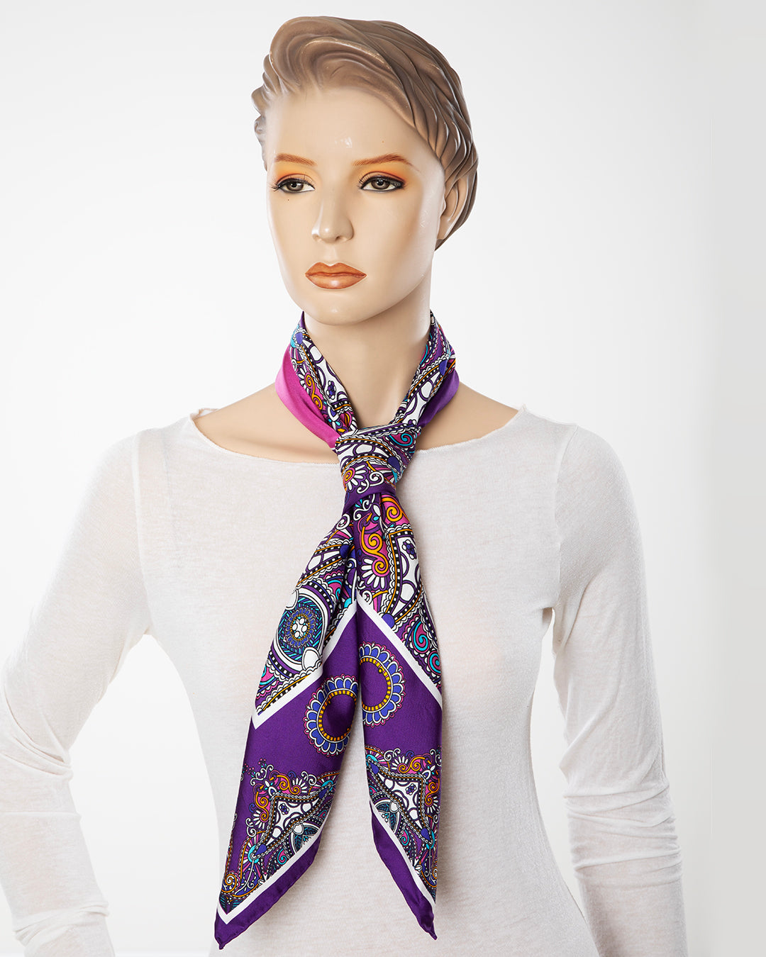 Keyana silk scarf on a model in the studio