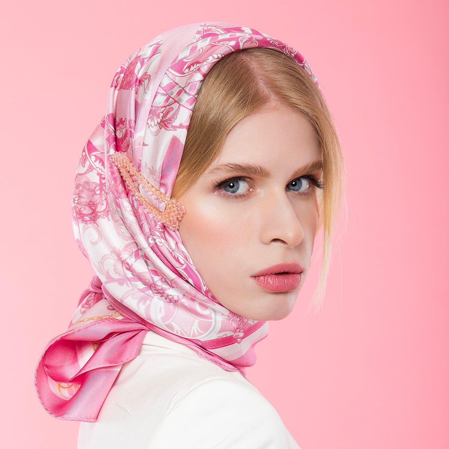 Pink folk summer silk scarf